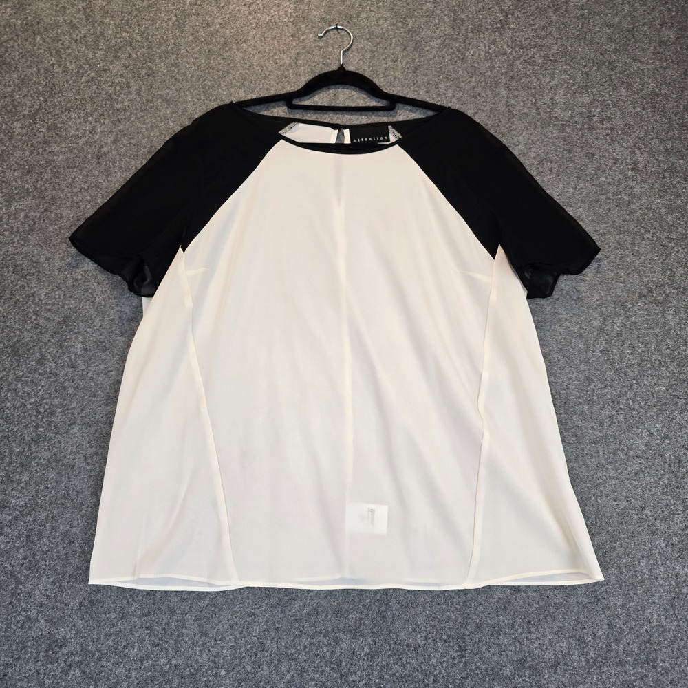 Attention Chiffon Shirt Womens XL White Black Colorblock Sheer Raglan Sleeve